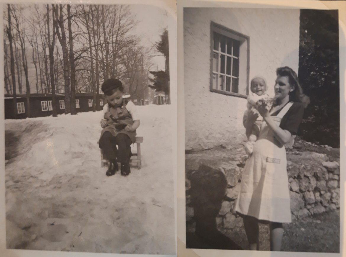 Historische schwarz-weiß Fotografien zeigen CARE-Paket Zeitzeuge Johannes Krauss als Kind im Nachkriegs-Österreich - links als Kleinkind vor Barackenlager im Salzburger Volksgarten, rechts als Baby mit Mutter Edith.